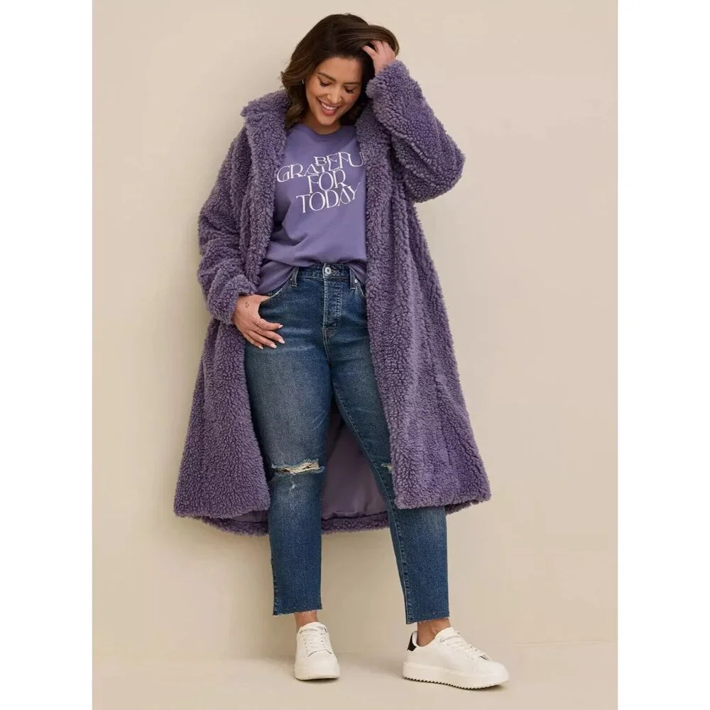 Torrid 0 Maxi Coat Size 12 Purple Soft Sherpa Open Front Lined NWT - Picture 1 of 15